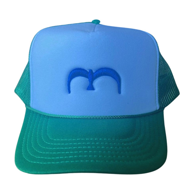 Kelly Green and White with Electric Blue Bird Trucker Hat